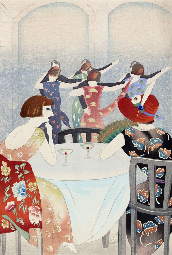 Vintage women at the party, remixed from the artworks by Yamamura Koka