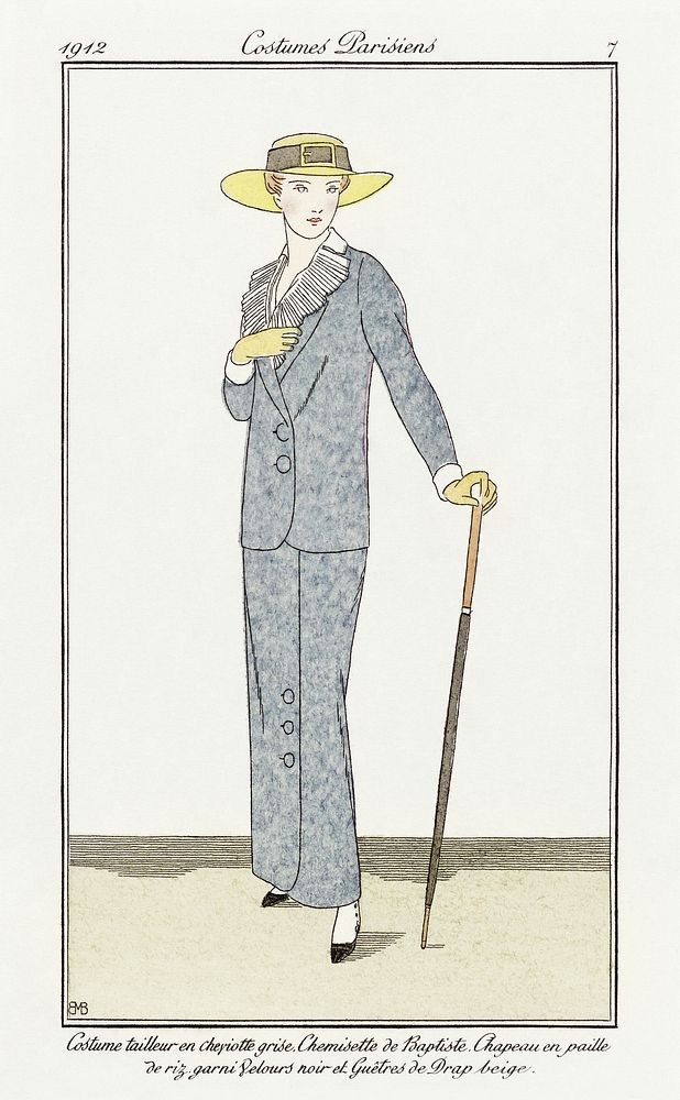 Costume tailleur en Cheyotte grise (1912) print in high resolution by Bernard Boutet de Monvel, published in Journal des…