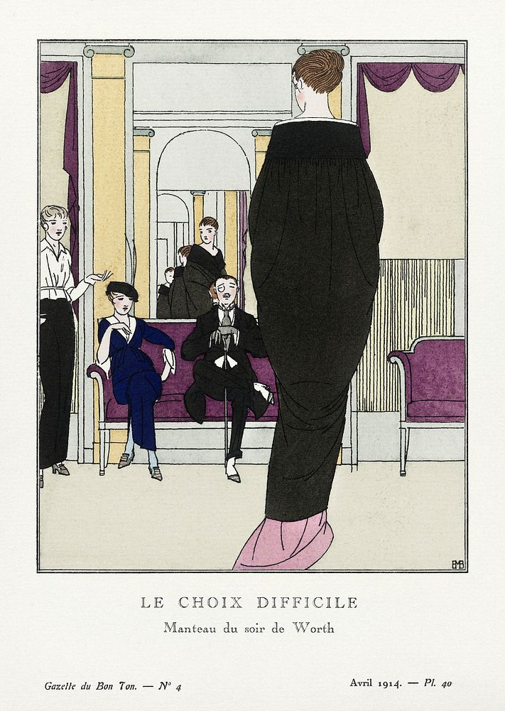 Le Choix Difficile: Manteau du soir de Worth (1914) fashion print in high resolution by Bernard Boutet de Monvel from…