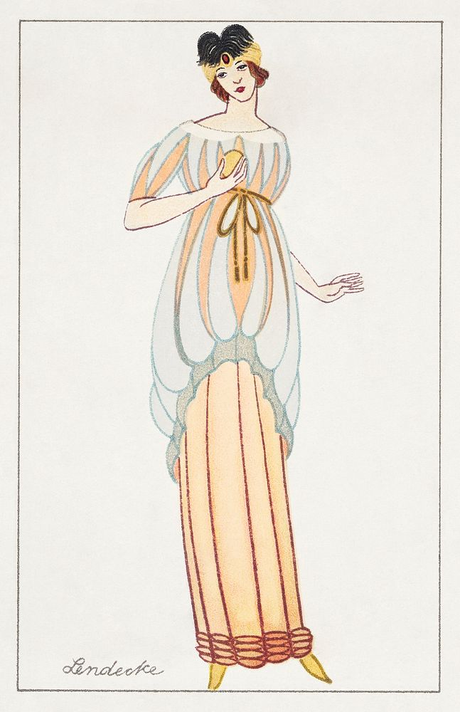 Woman in anklelength tubular dress (1912) fashion print in high resolution by Otto Friedrich Carl Lendecke. Original from…