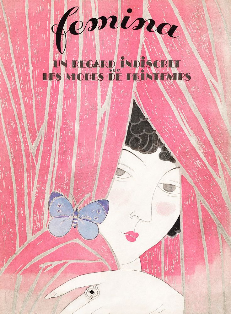 Pink fashion magazine cover illustration, featuring public domain artworks