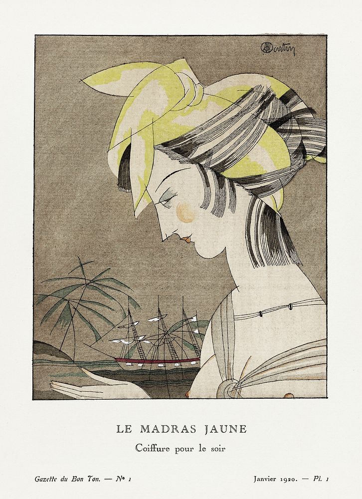 Le madras jaune, coiffure pour le soir (1920) fashion plate in high resolution by Charles Martin, published in Gazette du…