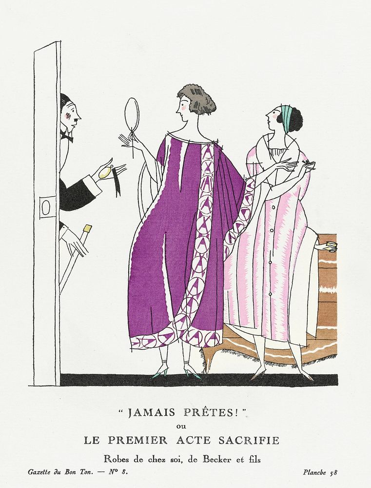 "Never ready!" or The first act sacrifices, home dresses, by Becker and son (1920) fashion plate in high resolution by…