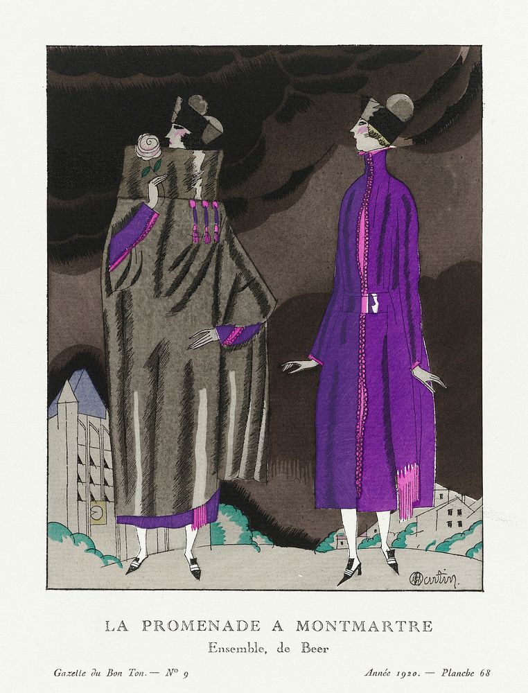 La promenade a Montmartre, Ensemble, de Beer (1920) fashion plate in high resolution by Charles Martin, published in Gazette…