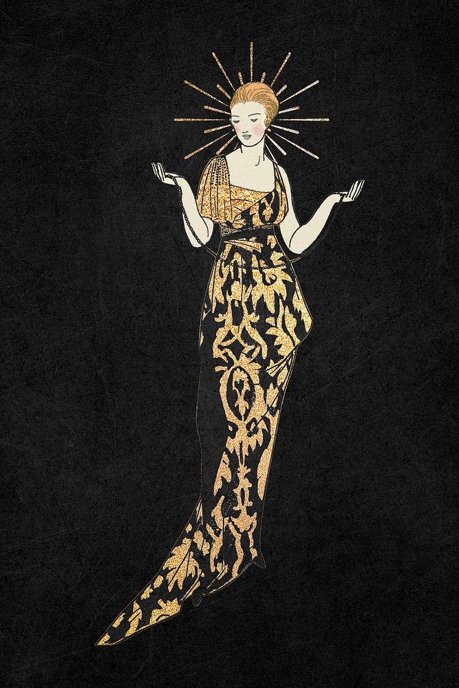 Vintage woman wearing gold glitter dress, remixed from the artworks by Bernard Boutet de Monvel