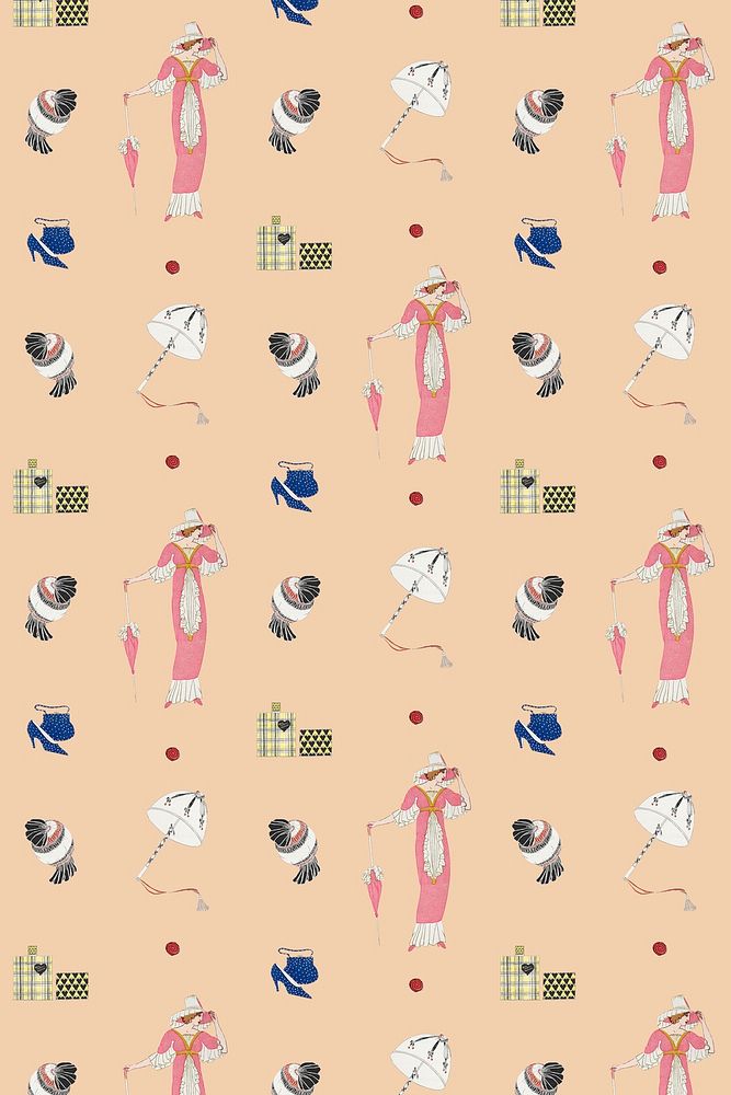 Pattern background  featuring vintage flapper and beauty items, remixed from public domain artworks