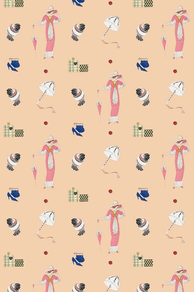 Pattern background psd featuring vintage flapper and beauty items, remixed from public domain artworks