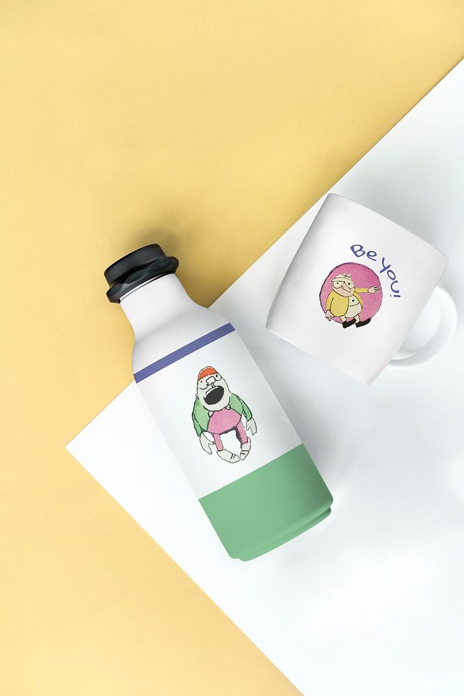 Bottle and mug psd mockup with cartoon illustration remix from the artworks by Charles Martin