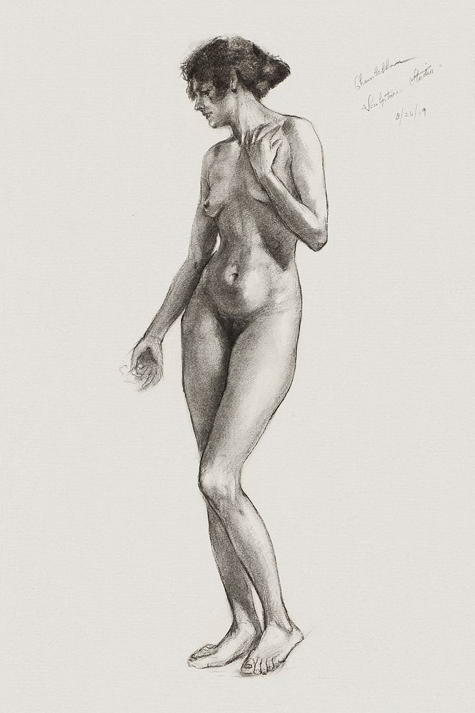 Naked woman posing sensually, vintage erotic art. Nude by Solon H. Borglum. Original from The Smithsonian. Digitally…