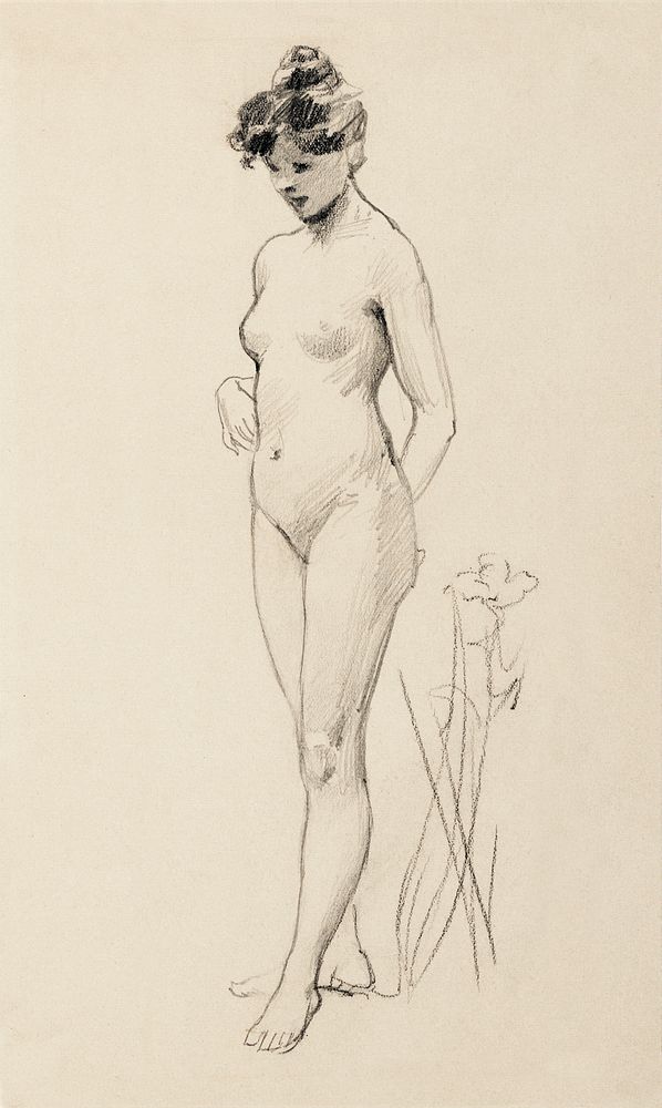 Naked woman showing her breasts, vintage erotic art. Standing Female Nude (1890) by James Wells Champney. Original from The…