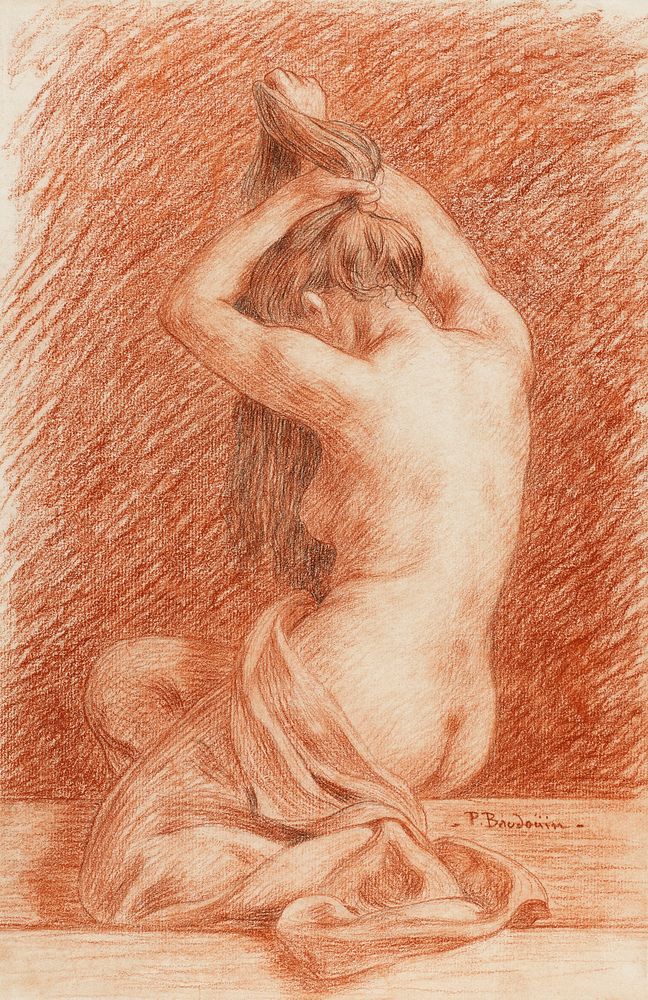 Naked woman posing sexually and showing her bum, vintage art. Female Figure Dressing Hair by Paul Albert Baudouin. Original…