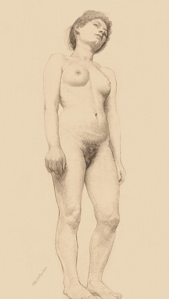 Naked woman showing her breasts, vintage erotic art. Standing Female Nude (1878-1879) by Otto H. Bacher. Original from The…