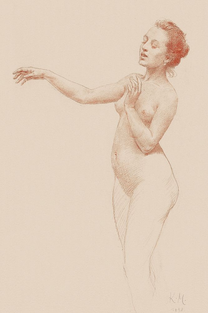 Naked woman showing her breasts, vintage erotic art. Female Nude with Outstretched Arm (1898) by Karel Vitezslav Masek.…