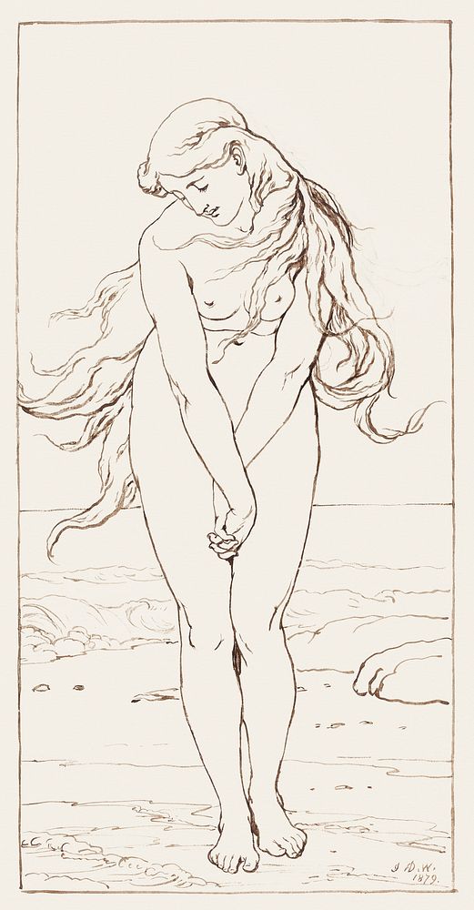 Naked woman posing sensually, vintage erotic art. Standing Nude with Crossed Arms (1879) by John Dawson Watson. Original…