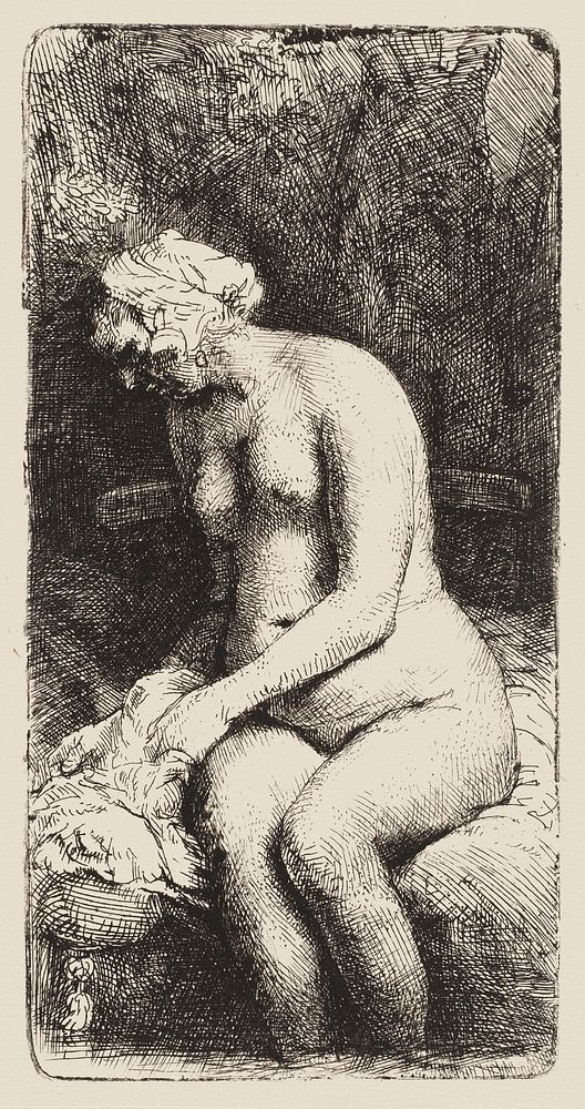 Rembrandt van Rijn's Naked woman showing her breasts, vintage erotic art. Nude Seated on a Bench with a Pillow (Woman…