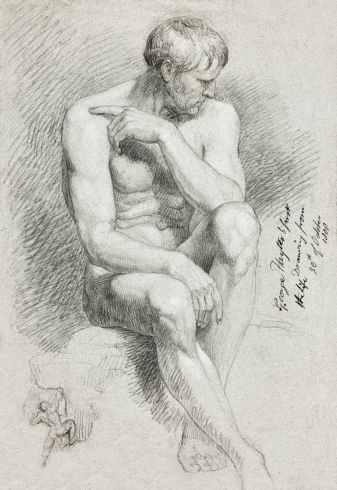 Naked man posing sexually. Seated Male Nude with Sketch of Nude Archer (1808) by George Hayter. Original from The Art…