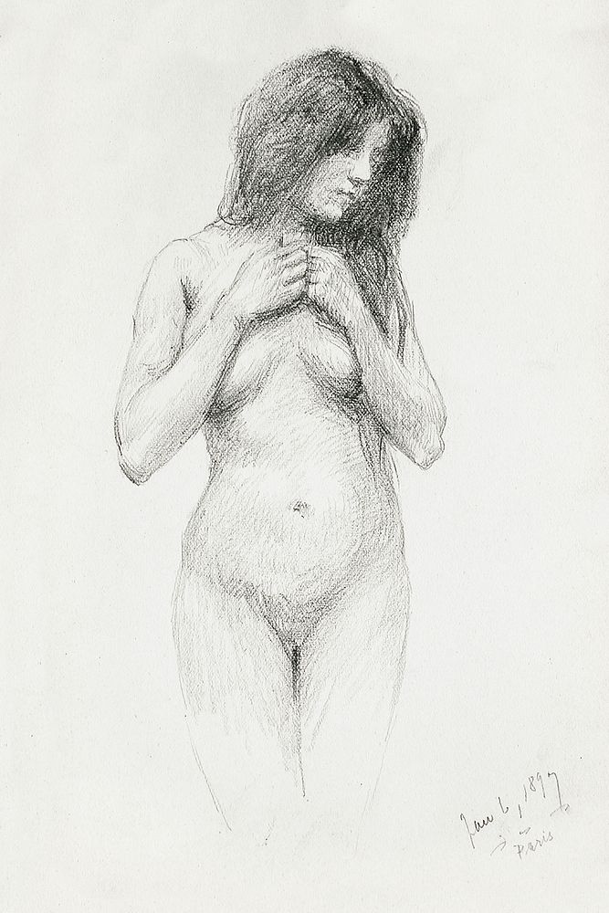 Naked woman posing sensually, vintage erotic art. Female Nude (1897) by Frank Duveneck. Original from Los Angeles County…