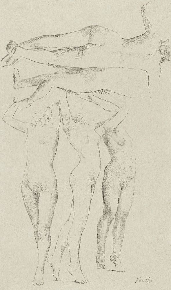 Vijf naaktstudies; drie met opgeheven armen, de andere op de rug gezien by Henri Fantin-Latour. Original from The…