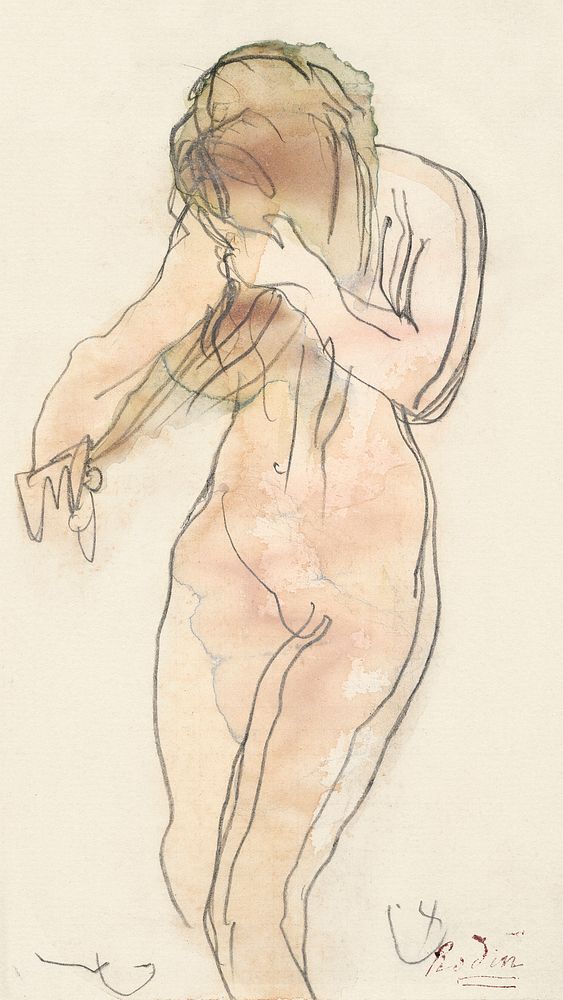 Naked woman posing sensually, vintage erotic art. Study of nude (standing, combing her hair) by Auguste Rodin. Original from…