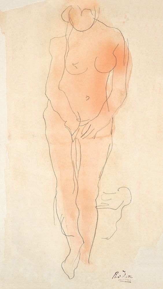 Naked woman posing sensually, vintage erotic art. Studies of nudes standing (recto and verso) by Auguste Rodin. Original…