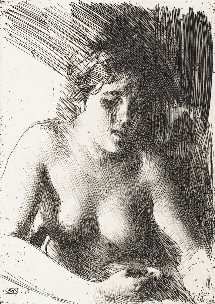 Naked woman showing her breasts, vintage erotic art. Byst (1916) by Anders Zorn. Original from The Museum of New Zealand Te…