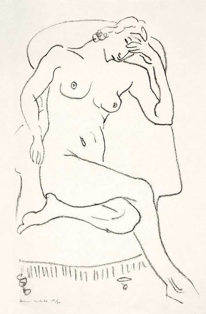 Naked woman posing sensually, vintage erotic art. Nude sitting in a chair , one leg folded (1922) by Henri Matisse. Original…