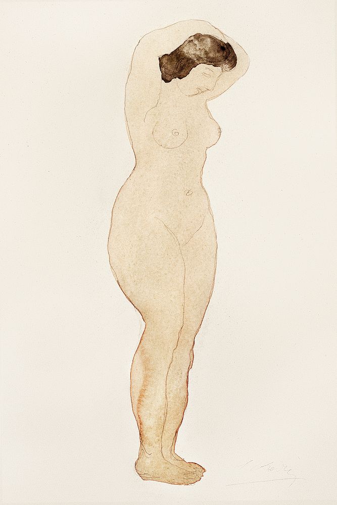 Naked woman posing sensually, vintage erotic art. Nude, standing with hands on head by Auguste Rodin. Original from Yale…