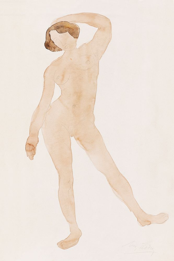 Naked woman posing sensually, vintage erotic art. Study of a Nude (Standing, front, hand on head) by Auguste Rodin. Original…