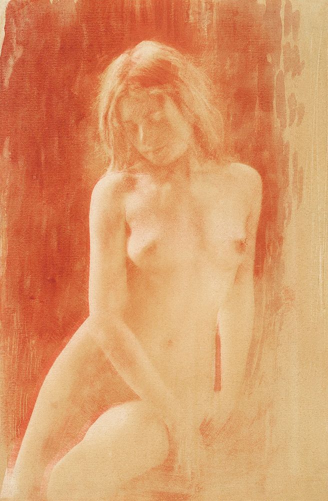 Naked woman showing her breasts, vintage nude illustration. Study in Orange (1904) by Ren&eacute; Le B&egrave;gue. Original…