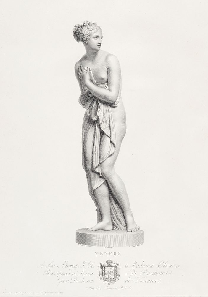 Venus, frontal view. from "Oeuvre de Canova: Recueil de Statues ..." (1817) by Domenico Marchetti. Original from The MET…