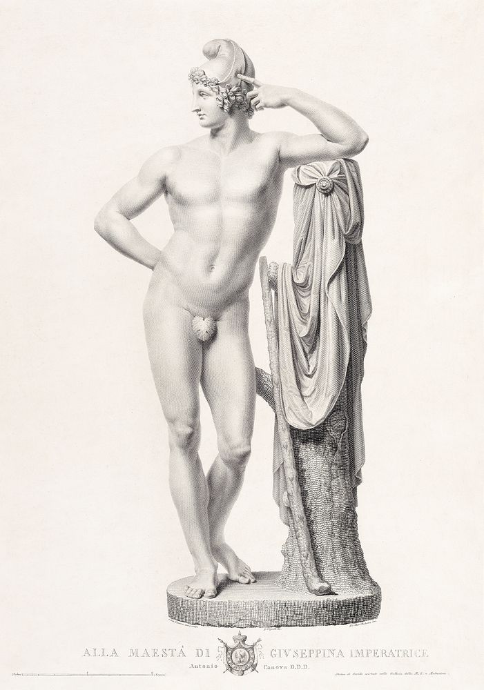 Paris leaning on tree stump, fontal view from "Oeuvre de Canova: Recueil de Statues ..." (1817) by Giovanni Battista…