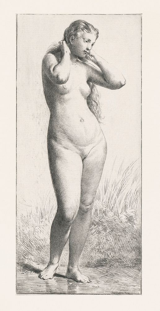 Naked woman posing sexually, vintage nude illustration.  Staande naakte vrouw (1846) by Charles Emile Jacque. Original from…