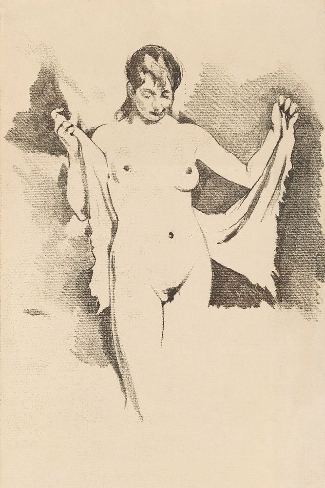 Naked woman posing sexually, vintage nude illustration.  Staande, naakte vrouw die zich afdroogt (1870&ndash;1923) by Willem…