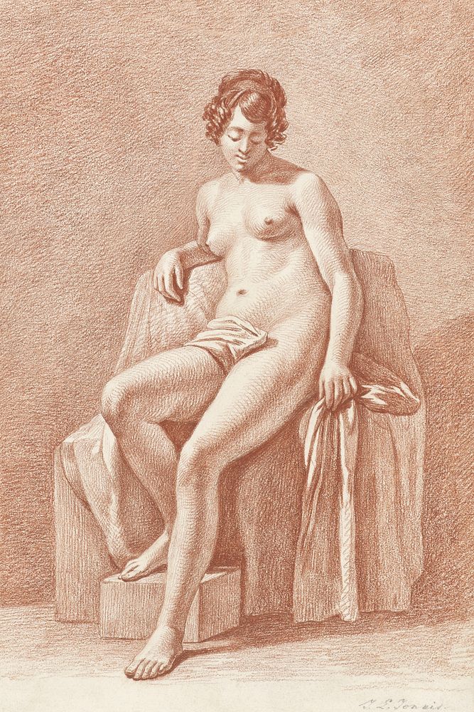 Naked woman showing her breasts, vintage nude illustration. Seated Female Nude (1799&ndash;1867) by Jan Lodewijk Jonxis.…