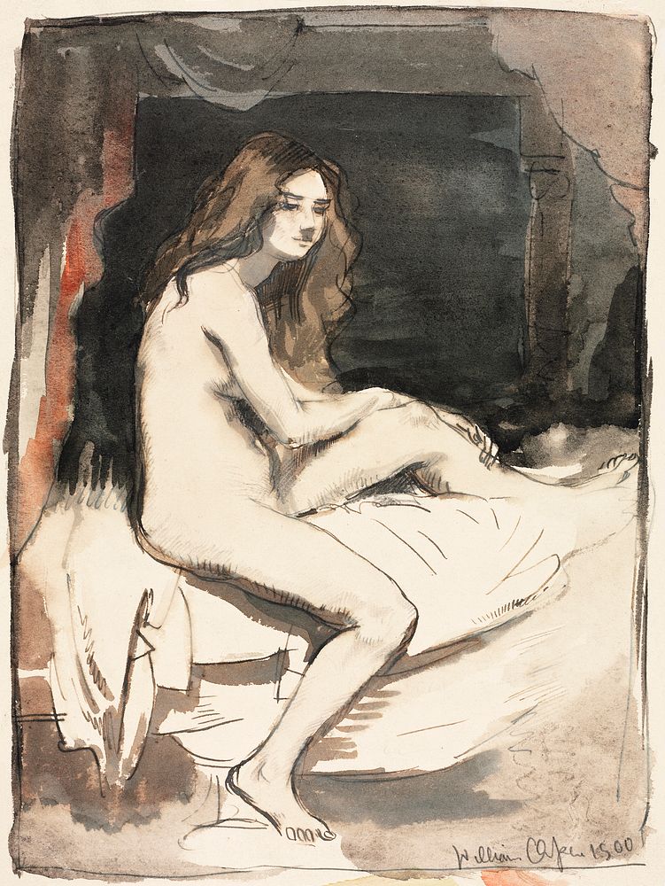 Naked woman posing sexually, vintage nude illustration.  Nude Study (1900) by William Orpen. Original from The Cleveland…