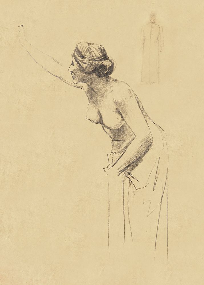 Naked woman posing sexually, vintage nude illustration.  Study of Nude Figure (1900) by Louis Schaettle. Original from The…