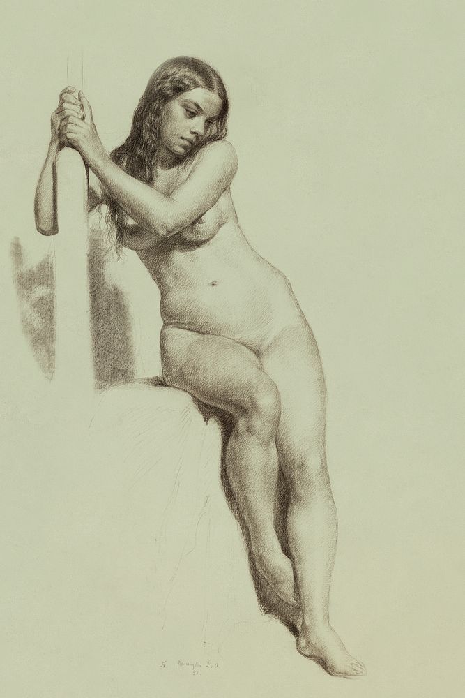 Naked woman posing sexually, vintage nude illustration.  Female Nude on a Stool (1858) by Daniel Huntington. Original from…