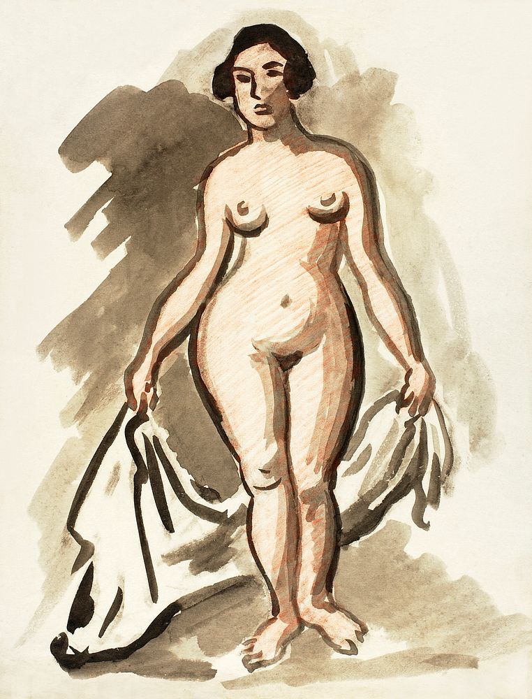 Naked woman showing her breasts, vintage nude illustration. Standing Female Nude with Drape by Carl Newman. Original from…
