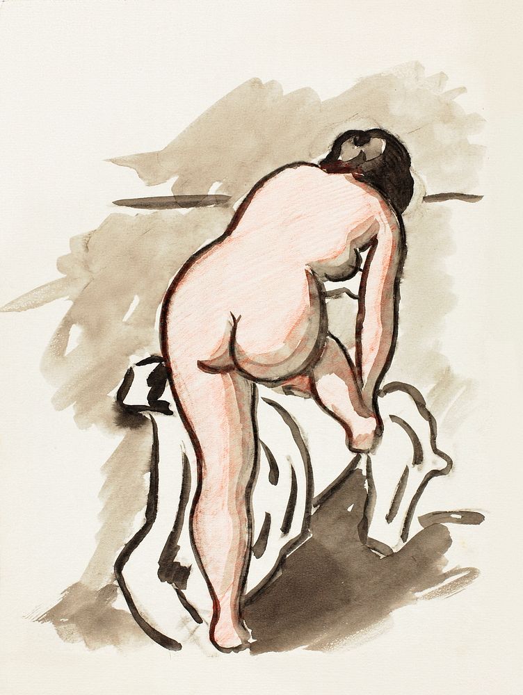 Woman showing off naked bum, vintage nude illustration. Female Nude by Carl Newman. Original from The Smithsonian. Digitally…