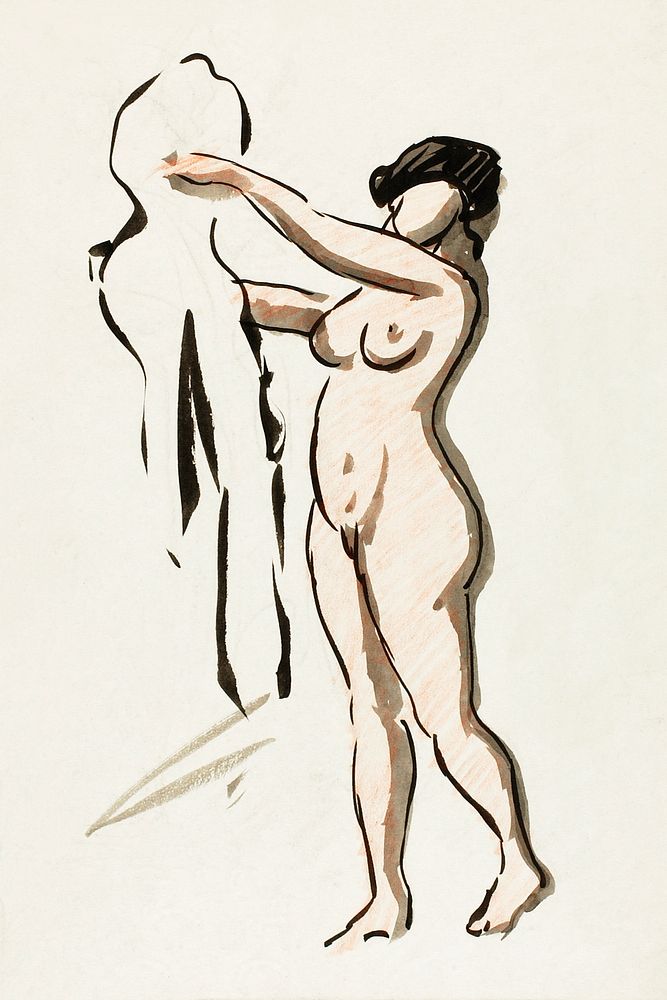 Naked woman showing her breasts, vintage nude illustration. Standing Female Nude with Drape by Carl Newman. Original from…