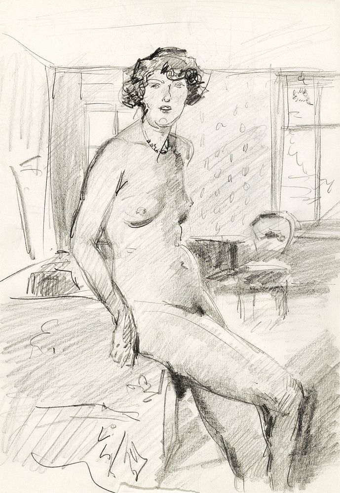 Vintage erotic nude art of a naked woman. Zittend vrouwelijk naakt in een interieur (1915&ndash;1934) by Isaac Israels.…
