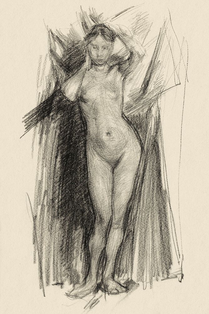 Vintage erotic nude art of a naked woman. Staande naakte vrouw (1887) by Marius Bauer. Original from The Rijksmuseum.…