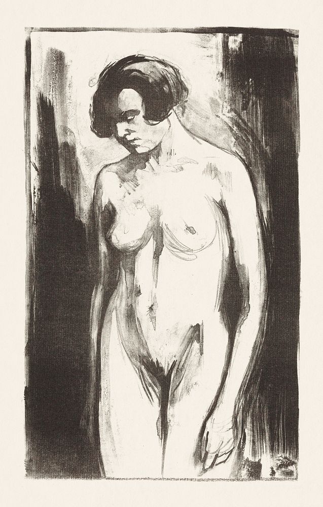 Naked woman showing her breasts, vintage nude illustration. Studie van een staande naakte vrouw (1924) by Simon Moulijn.…