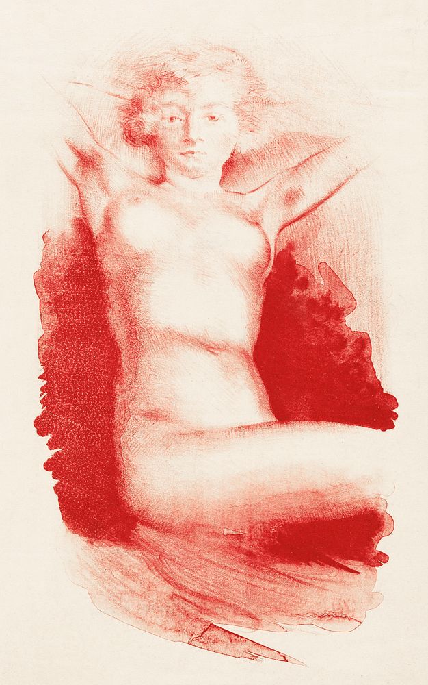 Naked woman showing her breasts, vintage nude illustration. Zittende naakte vrouw (1891&ndash;1936) by Huib Luns. Original…