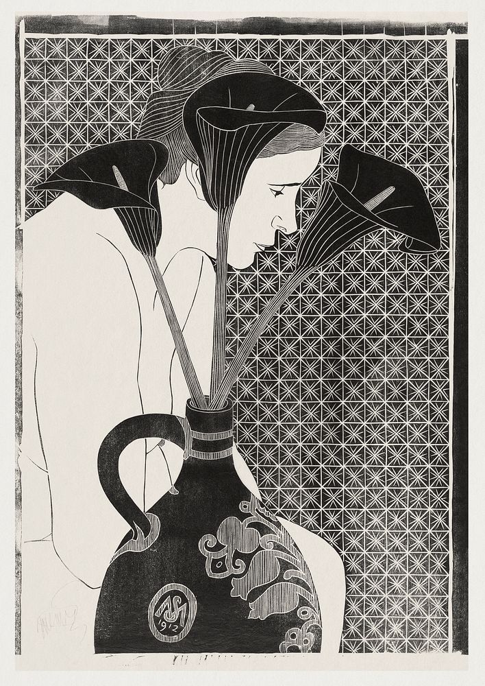 Vrouwelijk naakt achter vaas met aronskelken (1912) by Samuel Jessurun de Mesquita. Original from The Rijksmuseum. Digitally…
