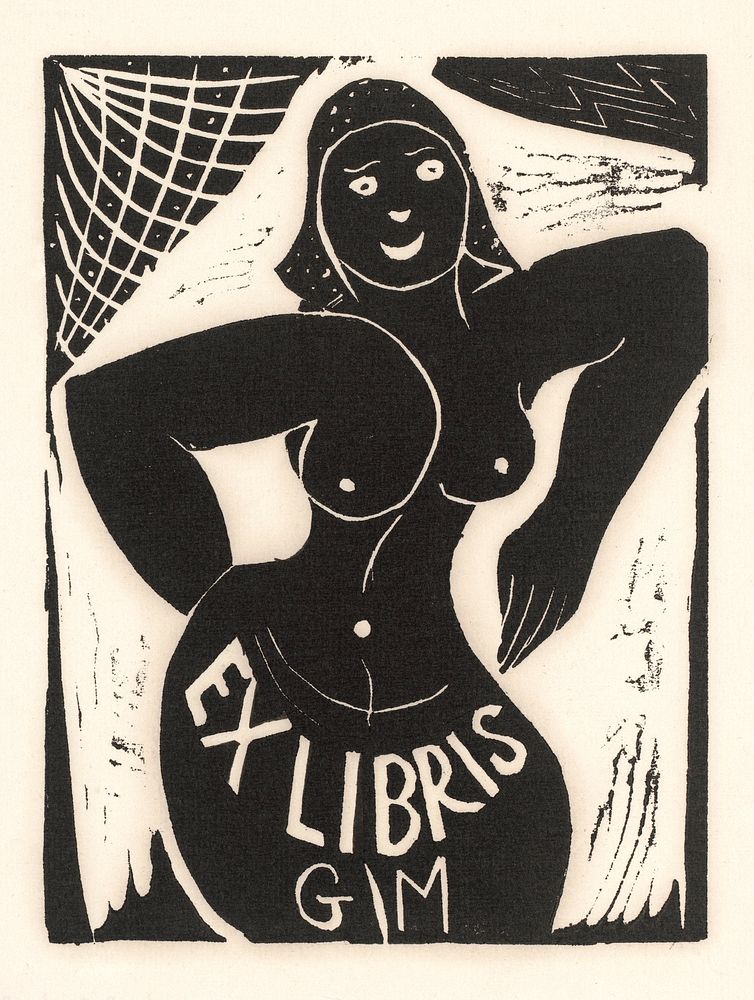Naked woman showing her breasts, vintage nude illustration. Ex libris van Gianni Mantero (1907&ndash;1985) by Erna…