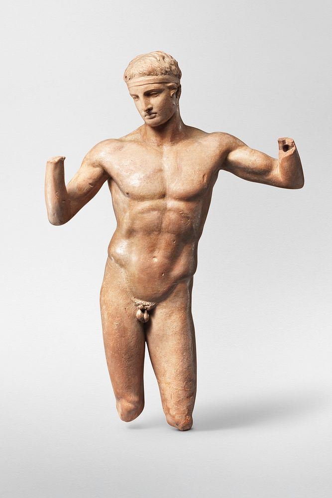 Naked Greek man sculpture, Terracotta statuette of the Diadoumenos (youth tying a fillet around his head) (1st century…