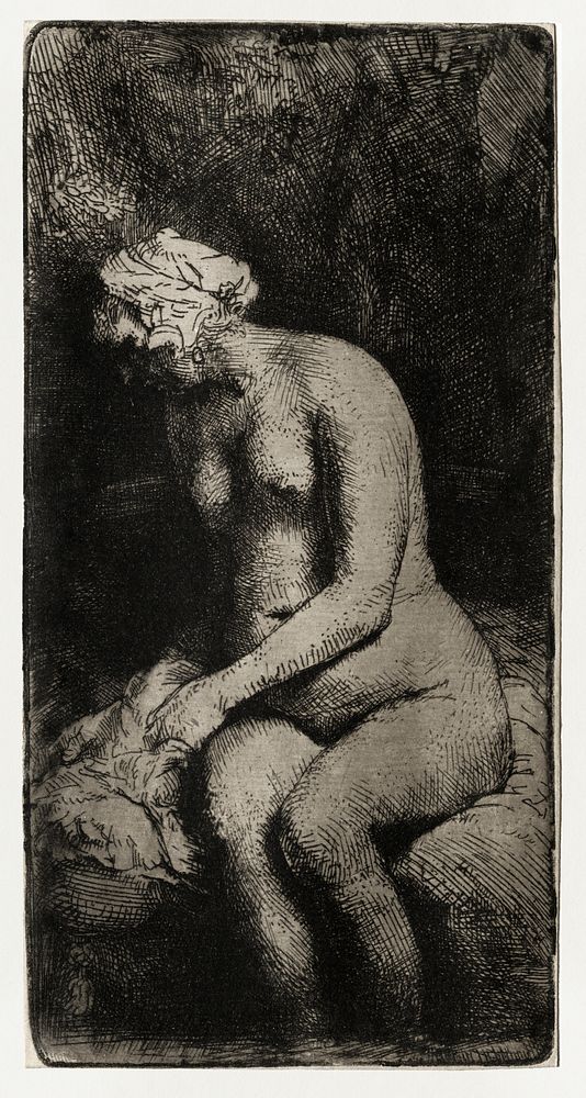 Rembrandt van Rijn's Erotic vintage art naked woman, Woman Bathing Her Feet in a Brook (1865) by Rembrandt van Rijn.…