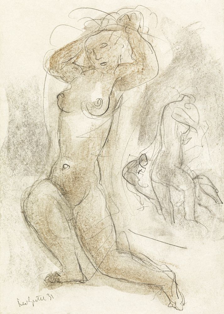 Naakte vrouw met de handen in het haar, op de achtergrond een andere naakte figuur (1931) by Leo Gestel. Original from The…