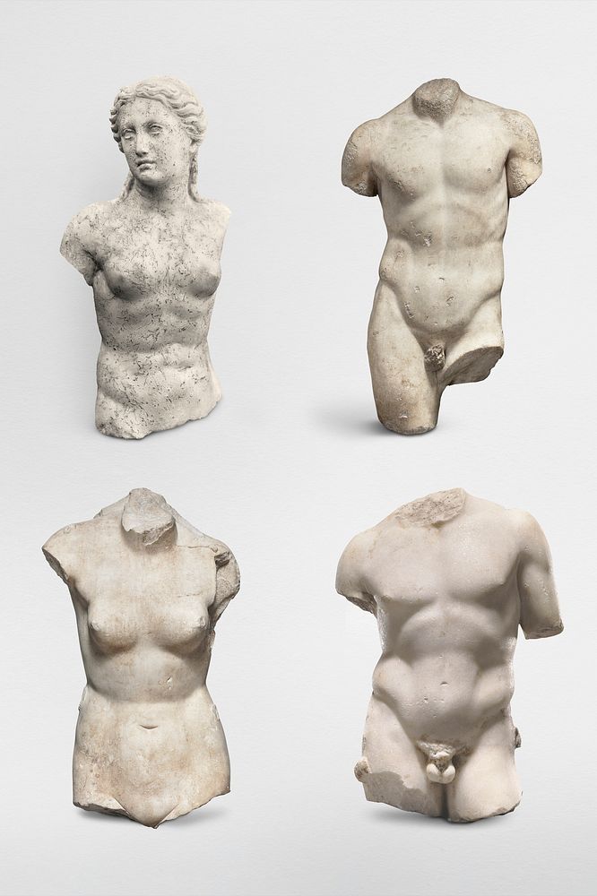 Nude man and woman torso sculpture png set mockup